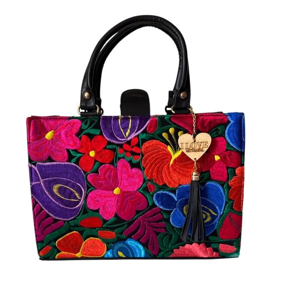Floral Vibrant Tapestry embroidery artisanal handbag satchel vegan leather w mak - Picture 2 of 9
